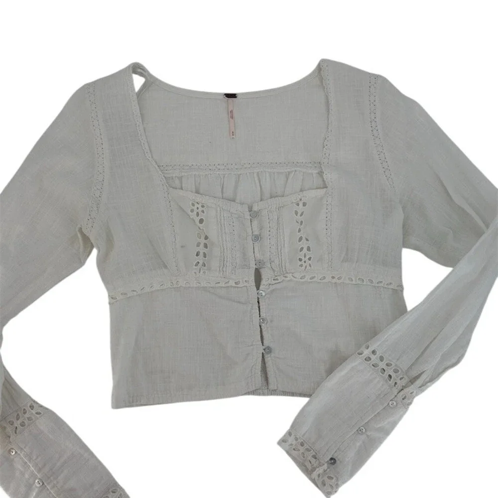 Free People Joi Eyelet Crop Blouse Boho Cottagecore Poetcore White M